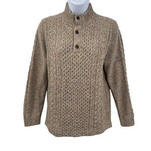 Brooks Brothers Fisherman Cable Knit Wool Button Neck Sweater Top Pullover Tan